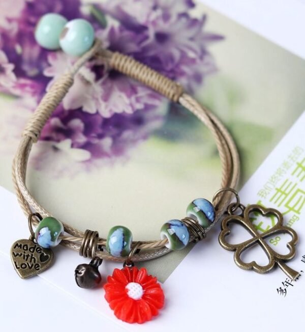 #LS009 Buddhavow Lucky Leaf Daisy Flower Porcelain Beads Hand-woven Bracelet Jewelry Pendant：圖片 3