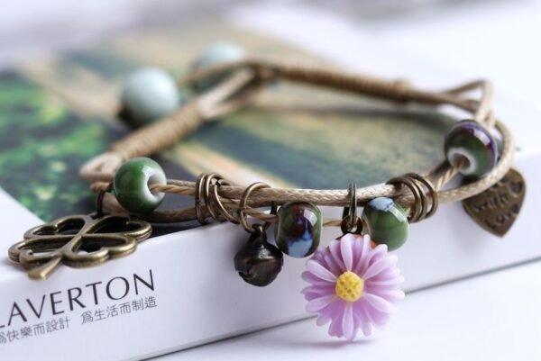 #LS009 Buddhavow Lucky Leaf Daisy Flower Porcelain Beads Hand-woven Bracelet Jewelry Pendant：圖片 4