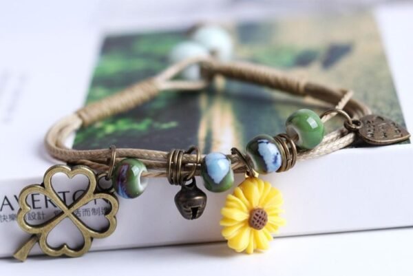 #LS009 Buddhavow Lucky Leaf Daisy Flower Porcelain Beads Hand-woven Bracelet Jewelry Pendant：圖片 6
