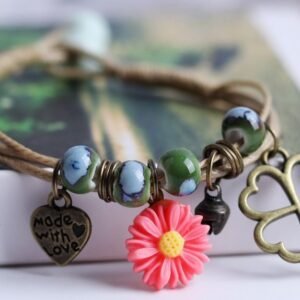 #LS009 Buddhavow Lucky Leaf Daisy Flower Porcelain Beads Hand-woven Bracelet Jewelry Pendant