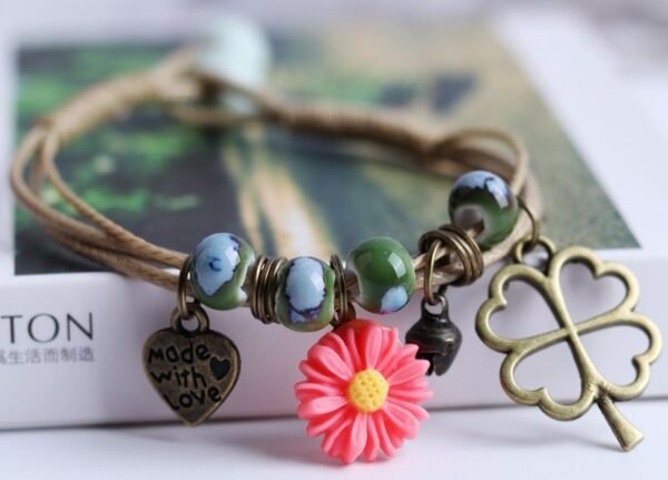 #LS009 Buddhavow Lucky Leaf Daisy Flower Porcelain Beads Hand-woven Bracelet Jewelry Pendant