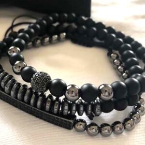 #MB006 Buddhavow Handmade Black Brushed Through Copper with Zirconia Diamonds Ball Flying Saucer Set Braided Bracelet Men's Jewelry