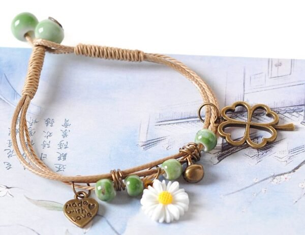 #LS009 Buddhavow Lucky Leaf Daisy Flower Porcelain Beads Hand-woven Bracelet Jewelry Pendant：圖片 2