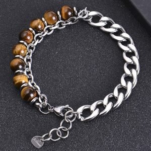 #MB020 Buddhavow Stainless Steel Natural Stone Beaded Chain Men's Bracelet Double Layer Tiger Eye Bracelet