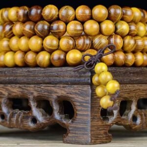#NB019 Buddhavow Natural Golden Wood 108-bead Buddhist prayer beads bracelet with high-content purple gold bead