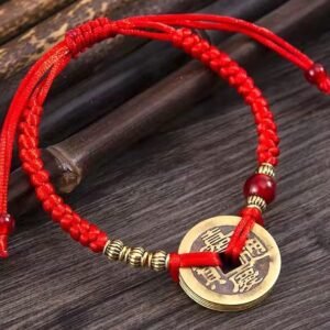 #LS004 Buddhavow Pure copper coin six-character mantra bracelet, unisex Buddhist bead style red lucky string attracting wealth and treasure
