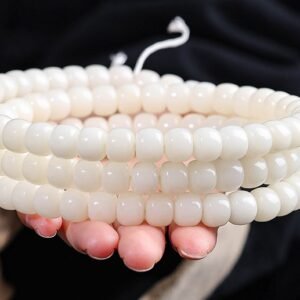 #NB007 Buddhavow Natural white jade bodhi root bead bracelet with 108 round beads, barrel-shaped beads, plain beads, Buddhist beads, and prayer bead