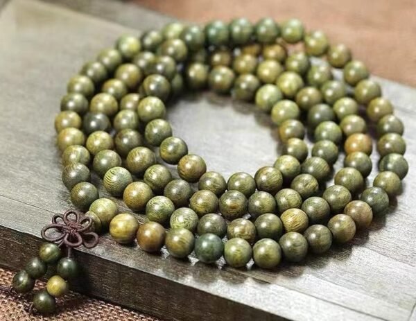 #NB008 Buddhavow Natural Green Sandalwood 108-Bead Buddhist Prayer Beads Bracelet for Men and Women, Ethnic Ancient Style Handheld Bracelet：圖片 5
