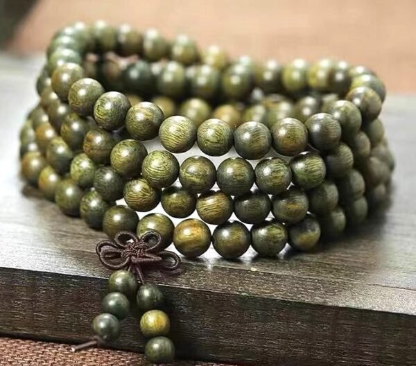 #NB008 Buddhavow Natural Green Sandalwood 108-Bead Buddhist Prayer Beads Bracelet for Men and Women, Ethnic Ancient Style Handheld Bracelet
