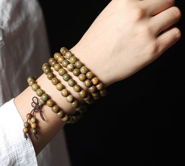 #NB008 Buddhavow Natural Green Sandalwood 108-Bead Buddhist Prayer Beads Bracelet for Men and Women, Ethnic Ancient Style Handheld Bracelet：圖片 8